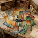 Collection of Patina scrapbooking paper sheets on a rustic wooden surface with vintage items.