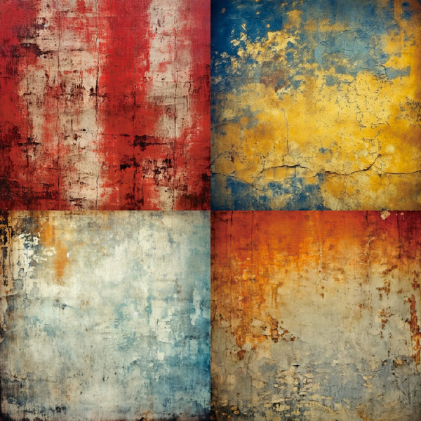 Abstract art with a grid of four colored squares in red, blue, yellow, and gray.