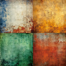 Four square panels with textured, multicolored surfaces.