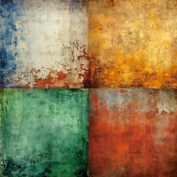 Four square panels with textured, multicolored surfaces.