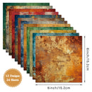 Set of distressed paper sheets in various colors with dimensions and design count text.