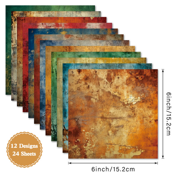 Set of distressed paper sheets in various colors with dimensions and design count text.