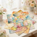 Stack of colorful watercolor-style paper sheets on a white surface with flowers in the background.