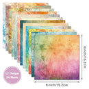 Set of colorful paper sheets with watercolor textures, 12 designs, 24 sheets, and dimensions displayed.