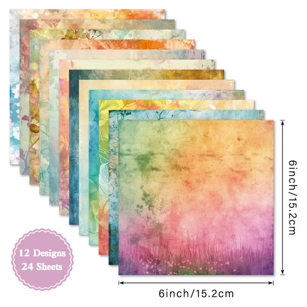 Set of colorful paper sheets with watercolor textures, 12 designs, 24 sheets, and dimensions displayed.