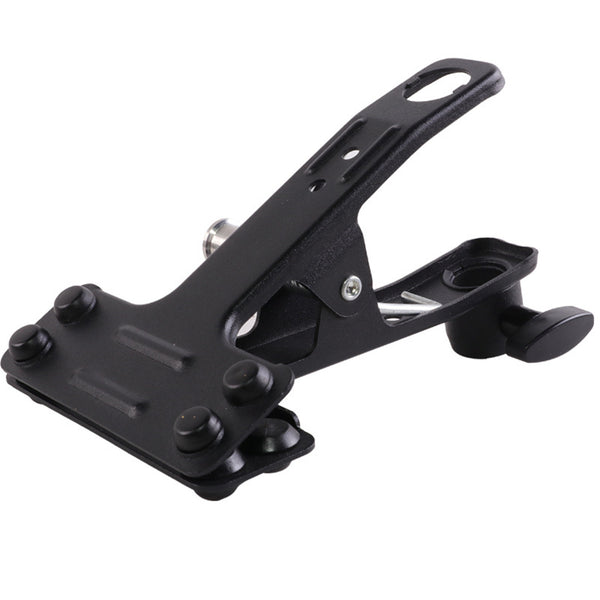 Black metal clamp on a white background