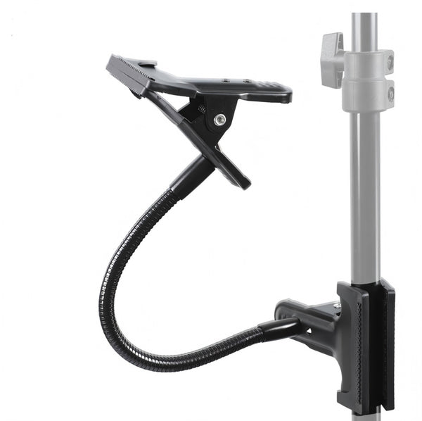 Camera tripod with flexible arm and clamp on a white background