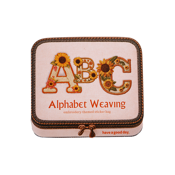 Embroidery-themed sticker bag with 'Alphabet Weaving' and sunflower design on a white background