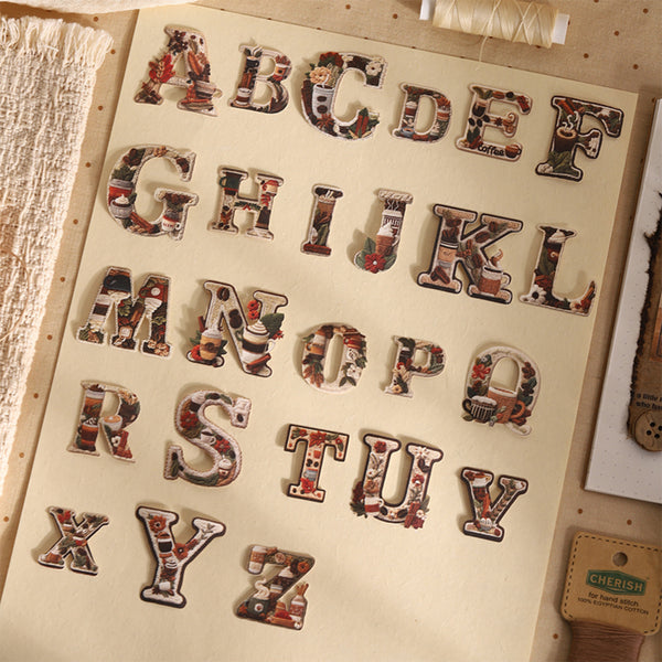Alphabet letters on a wooden board with a decorative theme