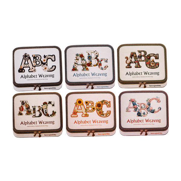 Set of six 'Alphabet Weaving' kits with decorative letter designs on a white background.