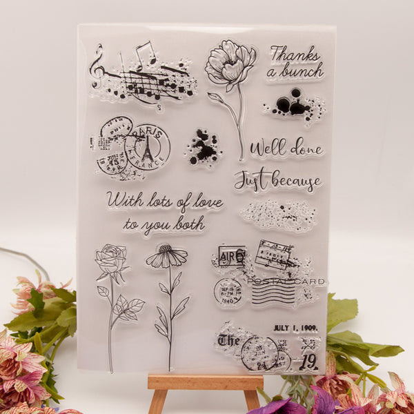 Clear stamp set with various designs and text on a white background