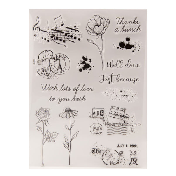 Clear stamp set with various designs including flowers, text, and symbols on a beige background.