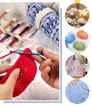 Person crocheting a red item with a close-up of colorful knitted items on a blue background.