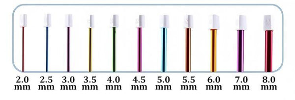 Set of graduated test tubes with measurements from 2.0 mm to 8.0 mm.