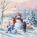 Cross-stitched scene of children playing with a snowman in a snowy landscape.