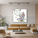 Living room with a beige sectional sofa, wooden chair, and a framed illustration of a cartoon character on the wall.