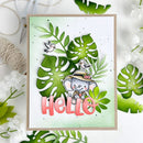 Card with a cartoon elephant, birds, and tropical leaves on a white background