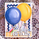 Birthday card with blue and yellow balloons and 'Happy Birthday' text on a decorative background.