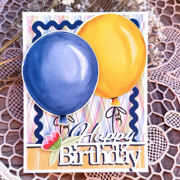 Birthday card with blue and yellow balloons and 'Happy Birthday' text on a decorative background.