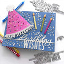 Handmade birthday card with decorative elements and cutting dies on a white background