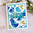 Birthday card with blue birds and 'Happy Birthday' text on a white background