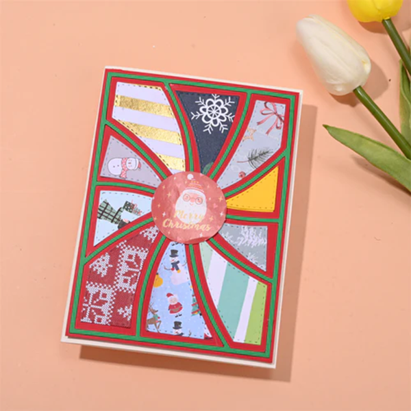 Colorful patterned card with a circular design on a peach background