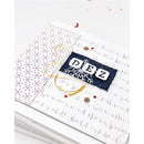 Decorative card with geometric patterns and text