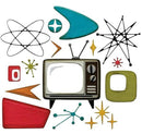Vintage-style television set surrounded by geometric shapes and symbols on a white background