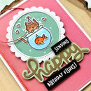 Birthday card with cat and fish illustration and text 'Sending happy birthday fishes!' on a pink background.