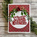 Christmas card with wreath and 'Merry Christmas' text on a red plaid background