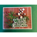 Christmas card with 'Merry Christmas' text and festive elements on a plaid background.