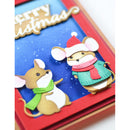 Christmas card with two mouse characters wearing scarves and hats on a blue background.