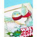 Card with a bird wearing a red scarf and 'Warm Wishes' text on a blue background