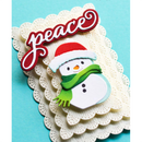 Christmas-themed decorative item with snowman and 'peace' text on a blue background
