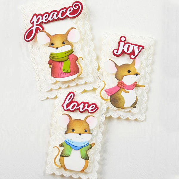 Three cute animal figurines with scarves and decorative text on a white background