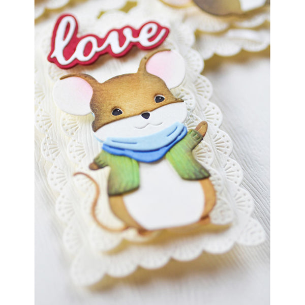 Animated mouse character with a blue scarf and green coat on a white lace background with 'love' text.