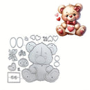 Metal die cut shapes of a teddy bear with a cartoon teddy bear holding hearts above on a white background.