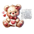 Cute teddy bear with heart designs and metal die cut shapes on a white background