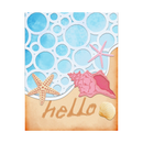 Card with beach-themed design featuring bubbles, starfish, and shells with the word 'hello'.