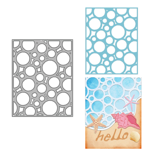Metal die cut with bubble pattern and a card with bubble design and 'hello' text.