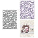 Decorative cutting dies with intricate patterns and a card featuring a hedgehog illustration.