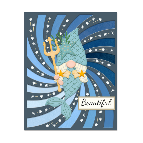 Mermaid gnome with trident on a blue and gray background with 'Beautiful' text