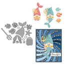 Mermaid-themed craft set with cutouts and a completed card on a white background
