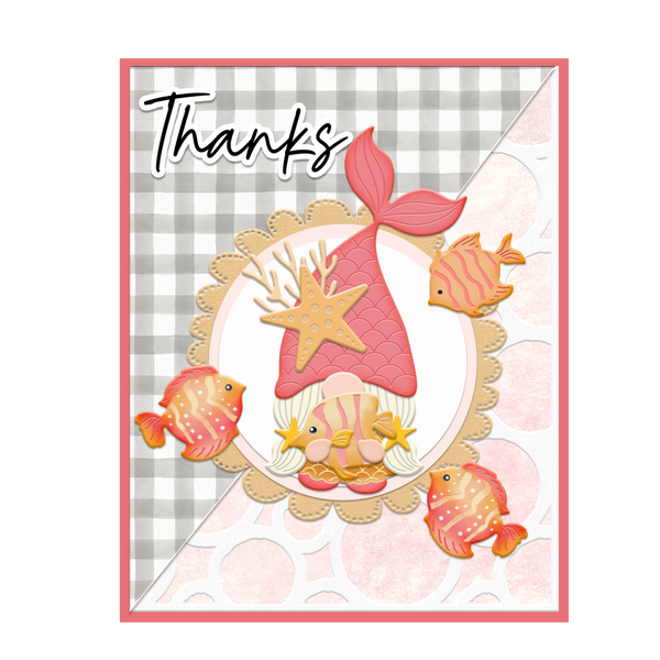 Greeting card with a mermaid gnome design and 'Thanks' text on a checkered background.