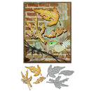 Decorative card with leaf designs and a small bird, accompanied by metal leaf cutouts.