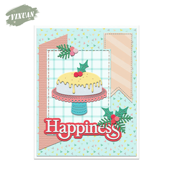 Card with a Christmas pudding design and the word 'Happiness' on a light blue background.