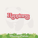 Text 'Happiness' in red with 'Moving Panda' at the bottom on a white background