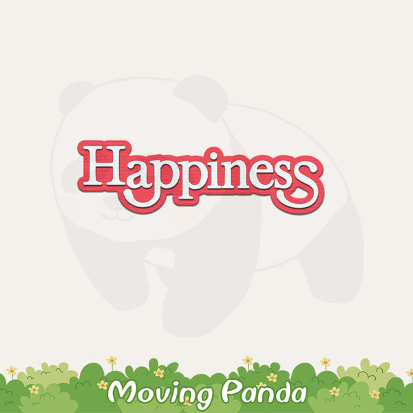 Text 'Happiness' in red with 'Moving Panda' at the bottom on a white background