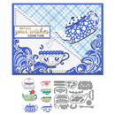 Decorative metal cutting dies with tea cup and teapot designs on a blue and white checkered background.