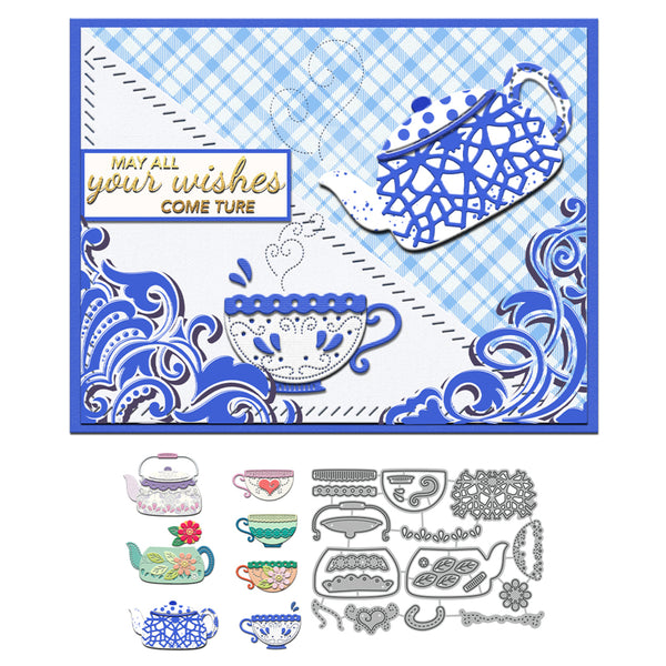 Decorative metal cutting dies with tea cup and teapot designs on a blue and white checkered background.
